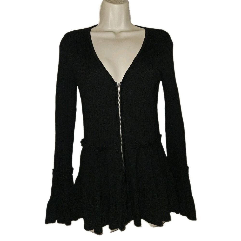 Boston Proper Black Ribbed Zip‎ Up V Neck Bell Sleeve Ruffled Sweater Size XS